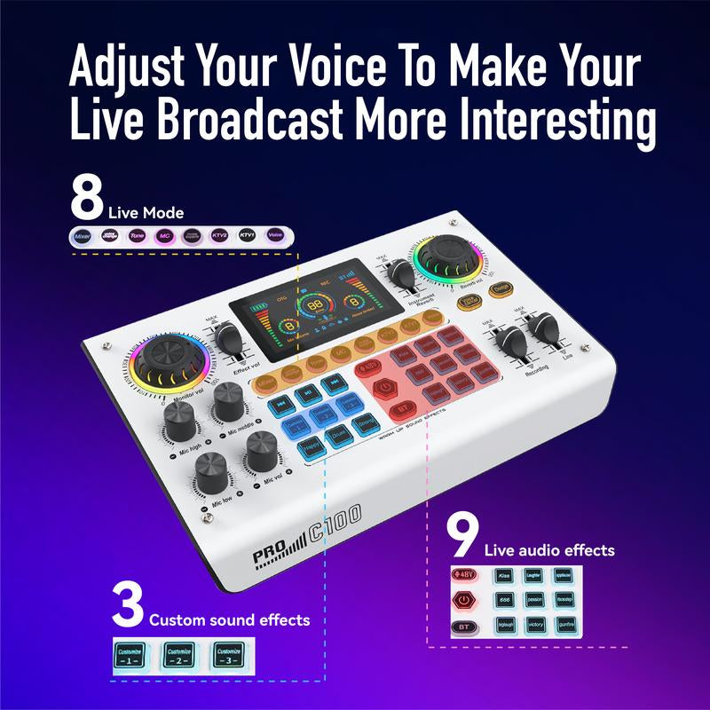 Hicall C100PRO Live Sound Card Professional Sound Quality: Dual DSP, Custom Effects and Noise Reduction - Suitable for Live Streaming, Podcast, Singing, Vocal, Home Entertainment, Party, PS5, Smartphone
