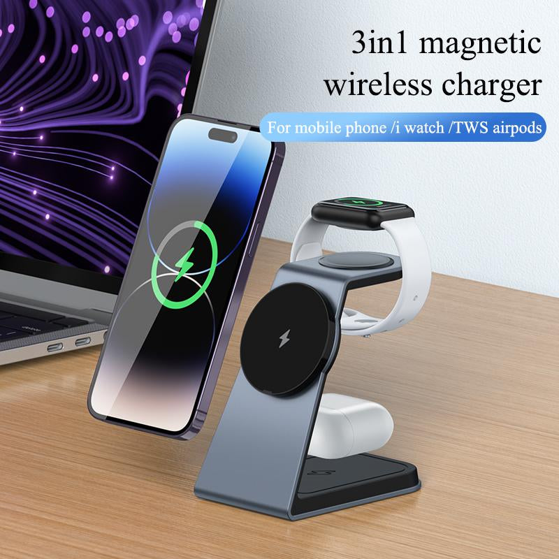 3-In-1 Magnetic Wireless Charger Stand, 15W Aluminum Alloy Magsafe Charging Station for Iphone 15/14/13/12 Series, Airpods 3/Pro/2, Iwatch Ultra/8/7/ 6/SE/5/4/3/2 Devices Durable Cellphone