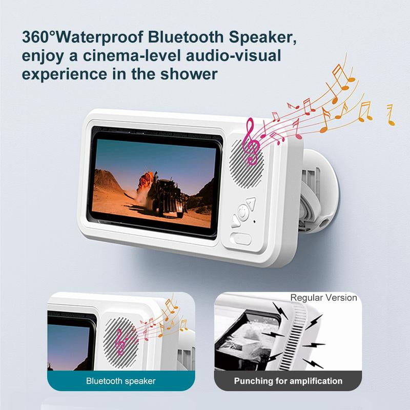 Waterproof Box Speaker, Bathroom Waterproof 360 ° Rotating Touch Screen, Bluetooth Speaker, Watch Movies, Listen to Music, Phone Holder Bluetooth Speaker Audio Shower TV Holder, Swimming Pool, Kitchen, Bathroom, Sink