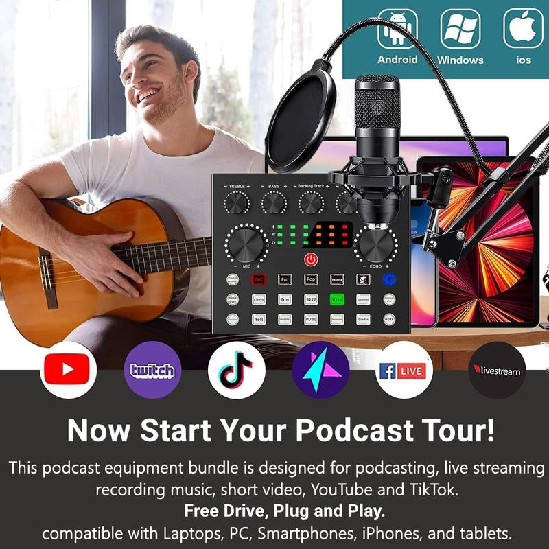 Safring Podcast Equipment Bundle with BM800 Mic DJ Mixer Effects & Voice Changer, Live Sound Card Audio Mixer, Condenser Usb Microphone Recording Studio Package for Live Streaming/Gaming/Podcast/Recording/Vocal/Game Voice/Youtube Desk Clamp