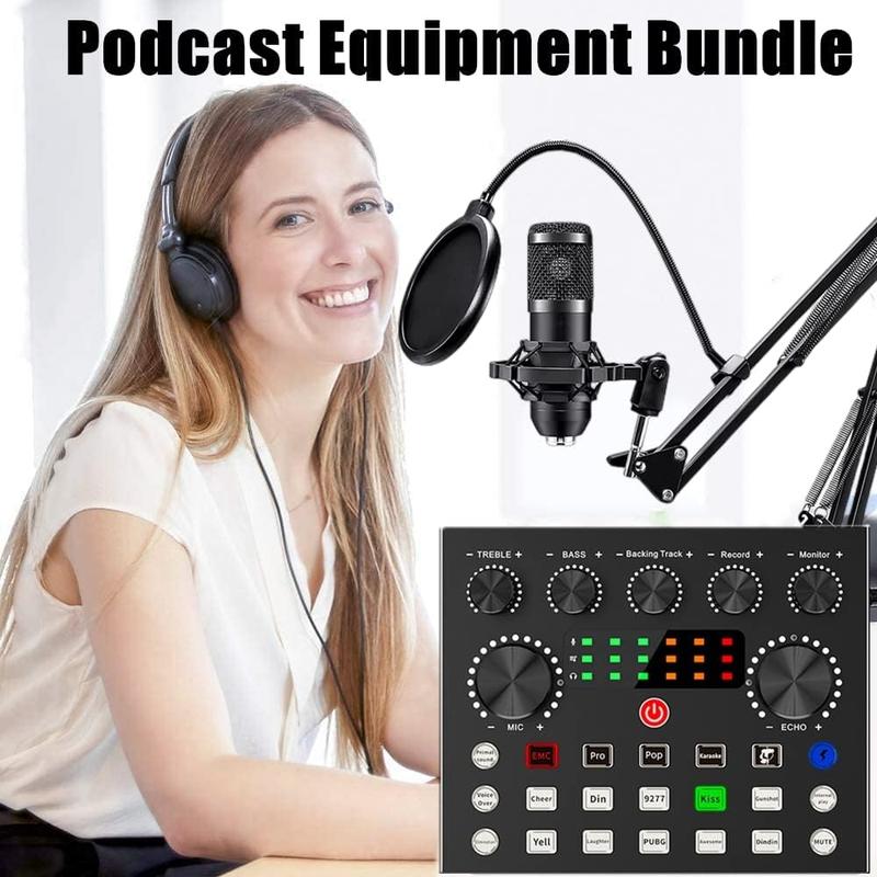 Safring Podcast Equipment Bundle, BM800 Podcast Usb Rechargeable Microphone Bundle with V8S Voice Changer, Condenser Microphone Recording Studio Package for Podcasting Live Streaming Singing PC Mobile Tiktok Youtube Dynamic Mic Sound Card Desk Clamp