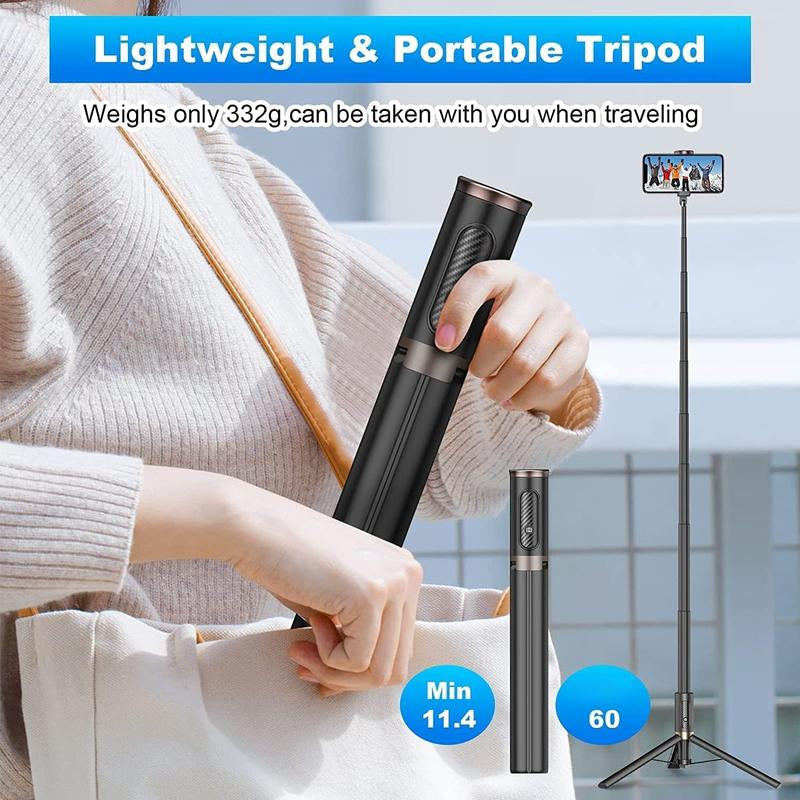 60" Cell Phone Selfie Stick Tripod,Smartphone Tripod Stand with Integrated Remote,Portable,Lightweight,Tall Extendable Phone Tripod for Phone