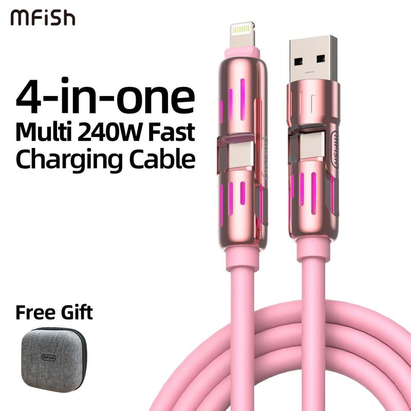 Mfish Armored Dragon I 4-In-1 Multi 240W Fast Charging Cable with USB a Type C Lightning for Iphone17&Samsung Laptops Charger