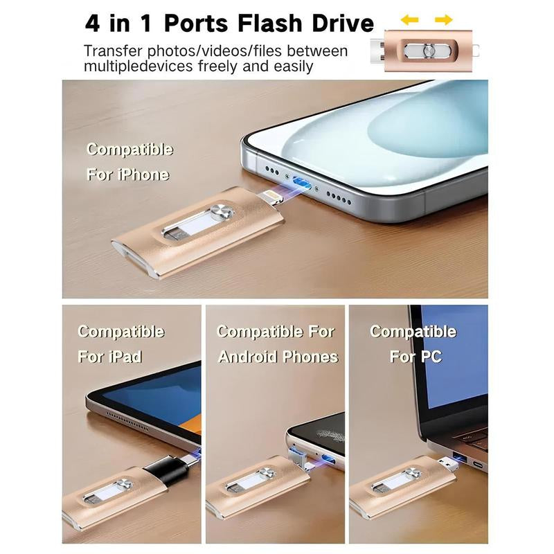 4 in 1 Flash Drive,High Speed USB 3.0 Memory Storage,Otg Flash Pen Drive with Free Type-C Adapter for Iphones/Android/Pc and More Devices,64/128/256Gb Photo Stick USB Memory Stick Storage for Photos and Videos Backup