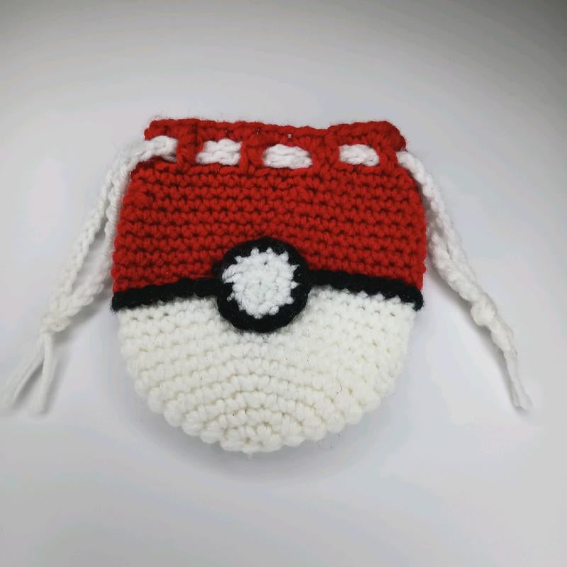 Crocheted Pokemon Ball Inspired Drawstring Bag
