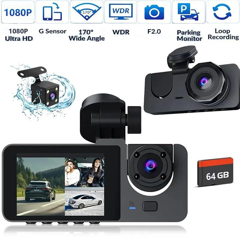Dealsforyoudays | 1080P Full UHD Car Camera Front Rear with Free 64GB SD Card,Hdr,Dashcam for Cars,Night Vision,Loop Recording,Wdr,24H Parking Mode,Driving Recorder
