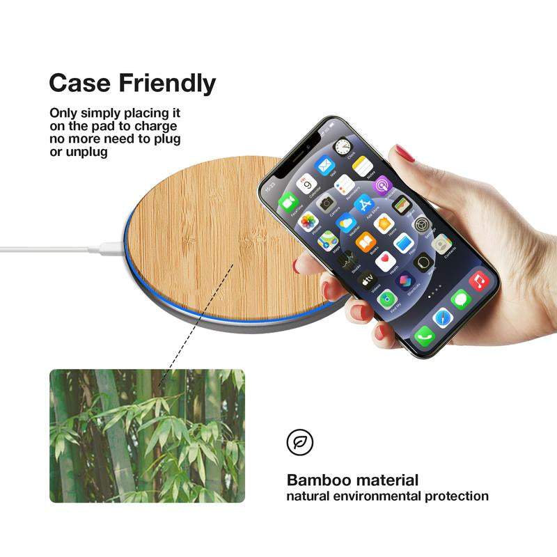 Bamboo Elegance Wireless Charger 15W QI Certified Charging Pad for Ultimate Convenience for Phone Earbuds Cordless Chargers for Iphone 8, Iphone 8 Plus, Iphone X Ect Smartphone Cellphone