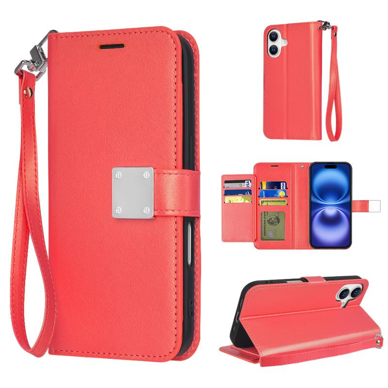 Happydeal Bi-Fold High Quality Synthetic Leather Wallet Credit Card Holder Stand Cover Case with Strap for Apple Iphone 16 Pro MAX