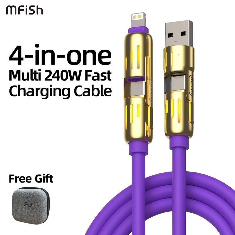 Mfish Armored Dragon I 4-In-1 Multi 240W Fast Charging Cable with USB a Type C Lightning for Iphone17&Samsung Laptops Charger
