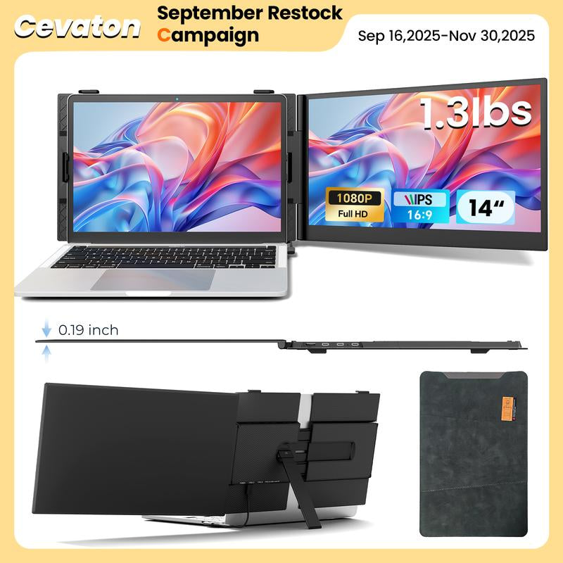 【Black Friday & Cyber Monday】Cevaton Ultra-Slim Laptop Screen Extender(Not a Computer), 14" FHD 1080P Portable Monitor for Laptop, 1.3Lbs Lightweight Dual Monitor Extender Plug & Play for 13"-17" Laptops, Compatible with Wins/Mac/Android/Chrome