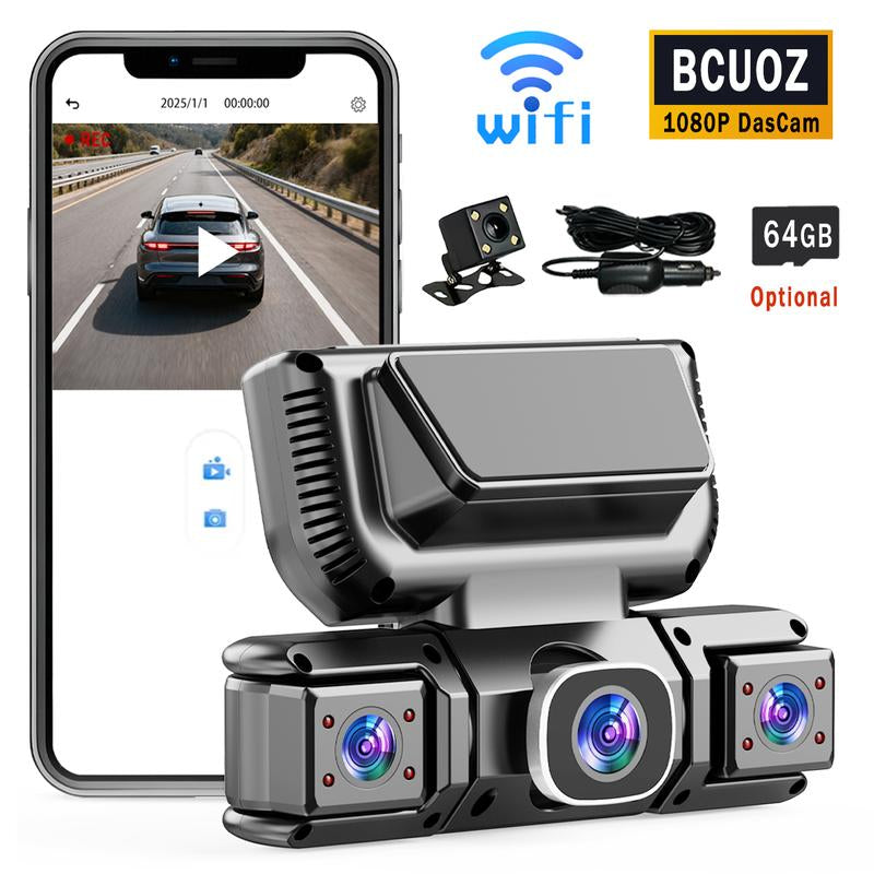 BCUOZ 360 Degree View 4 Channel Dash Cam Front and Rear inside Left Right, Dash Camera for Cars, Built-In GPS Wifi Night Vision, 24/7 Recording Parking Mode Monitor, Free 64G Card