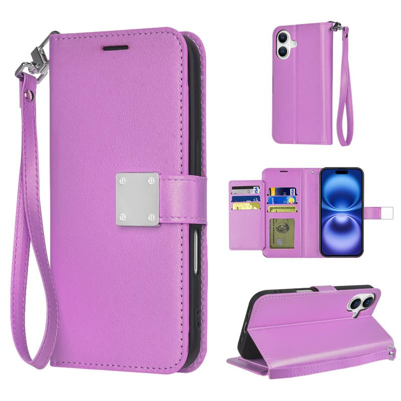 Happydeal Bi-Fold High Quality Synthetic Leather Wallet Credit Card Holder Stand Cover Case with Strap for Apple Iphone 16 Pro MAX