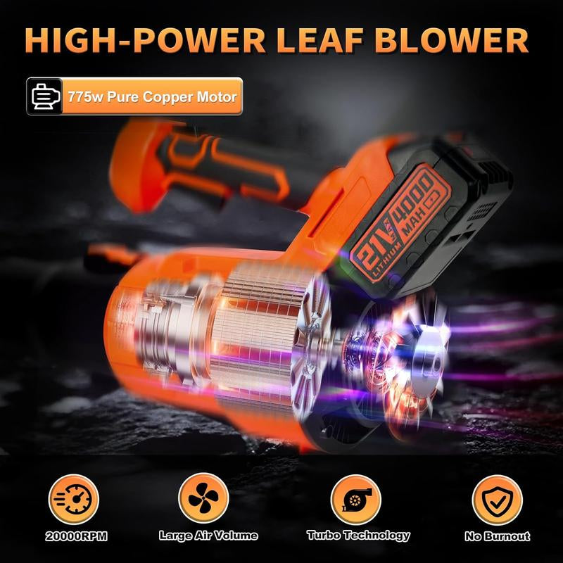 Leaf Blower Cordless with 21V 4.0Ah Battery & Charger, Lightweight Electric Cordless Leaf Blower with 2 Blowing Nozzles, Leaf Blower for Lawn Care Patio Porch Blowing Leaves Snow