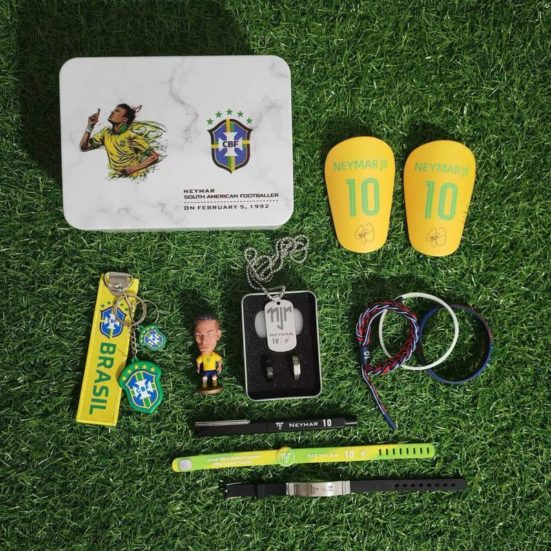Neymar Jr Gift Bundle(1 Neymar Gift Box+1 Keychain+1 Figure+1 Pen+1 Necklace+2 Rings+1 Pair of Shin Guards+5 Wristbands) Football