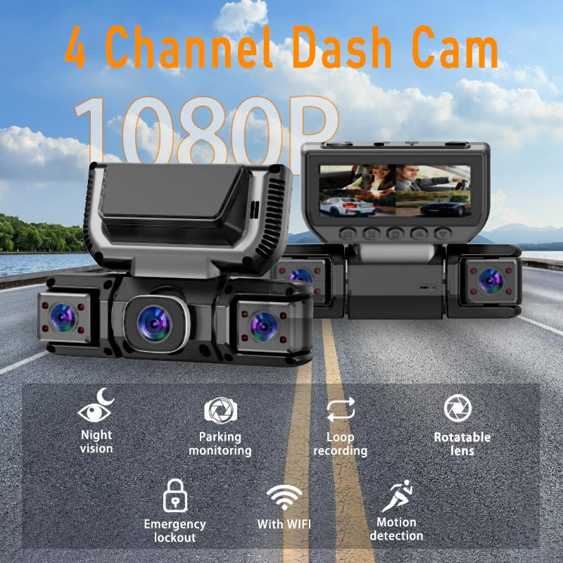 BCUOZ 360 Degree View 4 Channel Dash Cam Front and Rear inside Left Right, Dash Camera for Cars, Built-In GPS Wifi Night Vision, 24/7 Recording Parking Mode Monitor, Free 64G Card