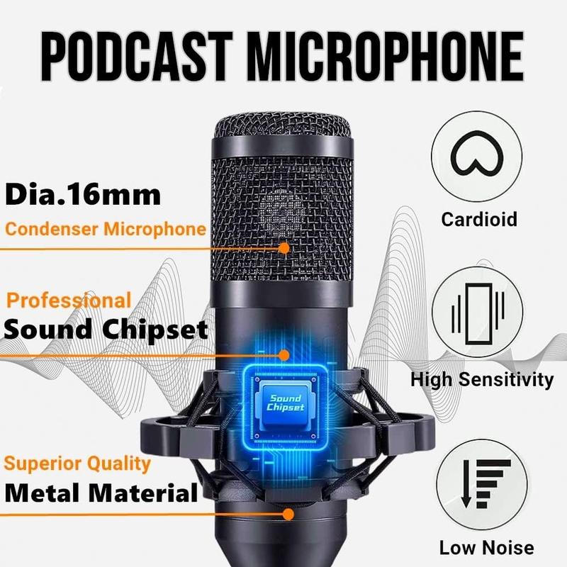 Safring Podcast Equipment Bundle, BM800 Podcast Usb Rechargeable Microphone Bundle with V8S Voice Changer, Condenser Microphone Recording Studio Package for Podcasting Live Streaming Singing PC Mobile Tiktok Youtube Dynamic Mic Sound Card Desk Clamp
