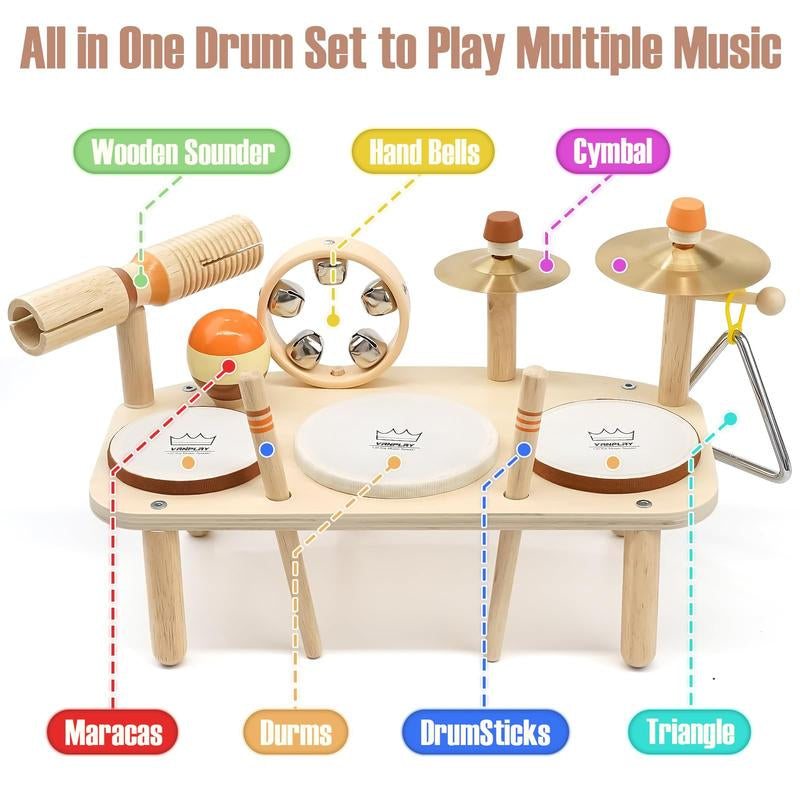 Joyreal Drum Set Toys for Kids, Wooden Musical Instruments Toys Set for Kids, Montessori Toys for Toddler, 1St Christmas Birthday Presents