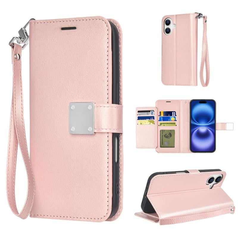Happydeal Bi-Fold High Quality Synthetic Leather Wallet Credit Card Holder Stand Cover Case with Strap for Apple Iphone 16 Pro MAX