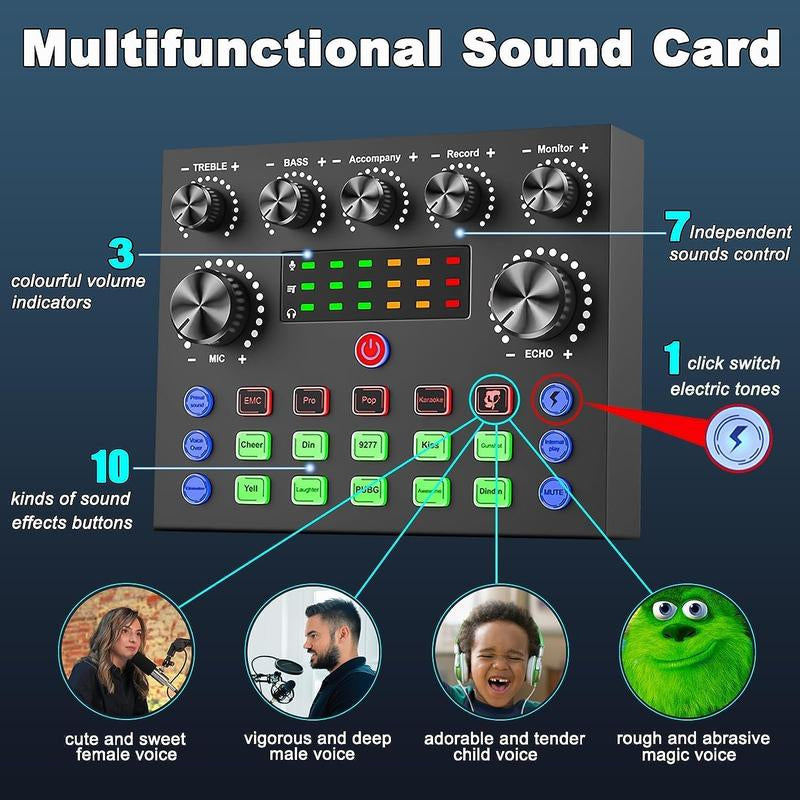 Safring Podcast Equipment Bundle with BM800 Mic DJ Mixer Effects & Voice Changer, Live Sound Card Audio Mixer, Condenser Usb Microphone Recording Studio Package for Live Streaming/Gaming/Podcast/Recording/Vocal/Game Voice/Youtube Desk Clamp