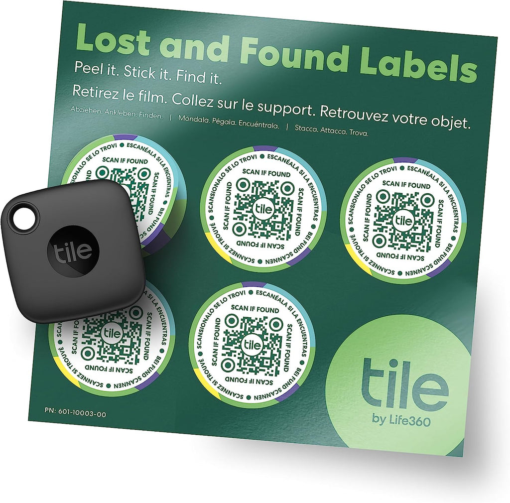 Mate + Lost and Found Labels - Bluetooth Tracker for Keys, Bags and More; QR Scannable Labels for Laptops, Water Bottles, Kids Toys, Headphones and More. Ios and Android Compatible.