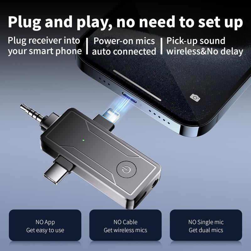 Wireless Mini Microphone for Iphone - 2 Pack Lavalier Bluetooth Microphone for Video Recording, 2 in 1 Noise Reduction Lapel Mic for Ipad, Android, Clip-On Mini Mic for Tiktok Youtube Vlog Podcast Adapter Audio