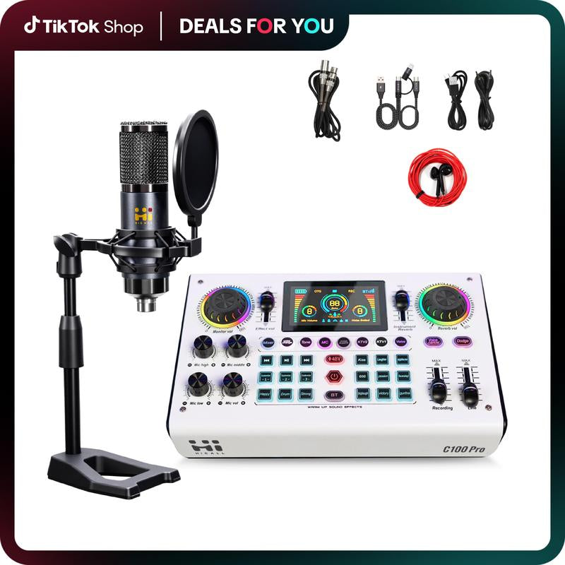 Hicall C100PRO Live Sound Card Professional Sound Quality: Dual DSP, Custom Effects and Noise Reduction - Suitable for Live Streaming, Podcast, Singing, Vocal, Home Entertainment, Party, PS5, Smartphone