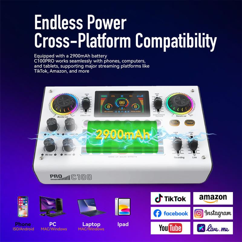 Hicall C100PRO Live Sound Card Professional Sound Quality: Dual DSP, Custom Effects and Noise Reduction - Suitable for Live Streaming, Podcast, Singing, Vocal, Home Entertainment, Party, PS5, Smartphone