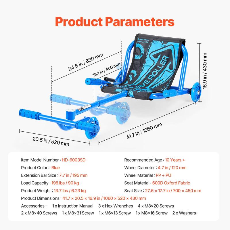 VEVOR Ride on Scooter, Load Capacity of 198 Lbs, Swing Side-To-Side for Amazing Ride Powered by Zig-Zag Motion, Ride on Drifting Toy for Ages 10+, Rides on Any Hard Surface for Indoor & Outdoor, Blue