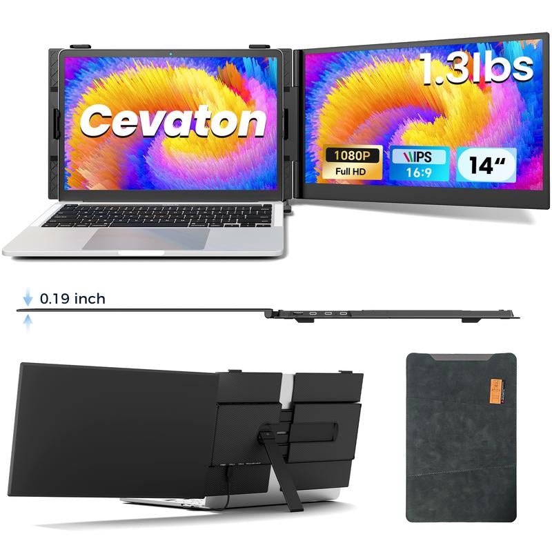 【Black Friday & Cyber Monday】Cevaton Ultra-Slim Laptop Screen Extender(Not a Computer), 14" FHD 1080P Portable Monitor for Laptop, 1.3Lbs Lightweight Dual Monitor Extender Plug & Play for 13"-17" Laptops, Compatible with Wins/Mac/Android/Chrome