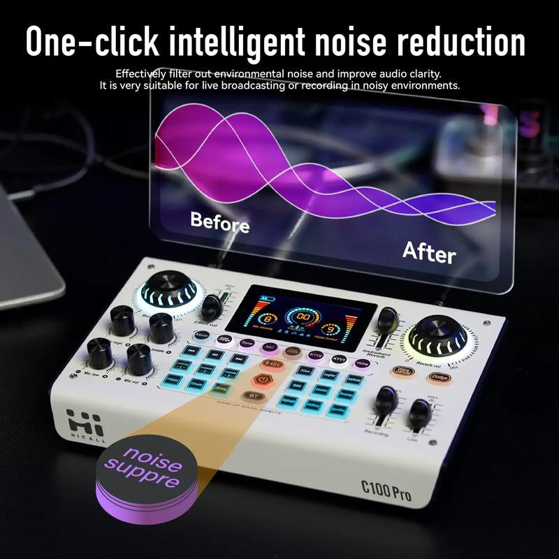 Hicall C100PRO Live Sound Card Professional Sound Quality: Dual DSP, Custom Effects and Noise Reduction - Suitable for Live Streaming, Podcast, Singing, Vocal, Home Entertainment, Party, PS5, Smartphone