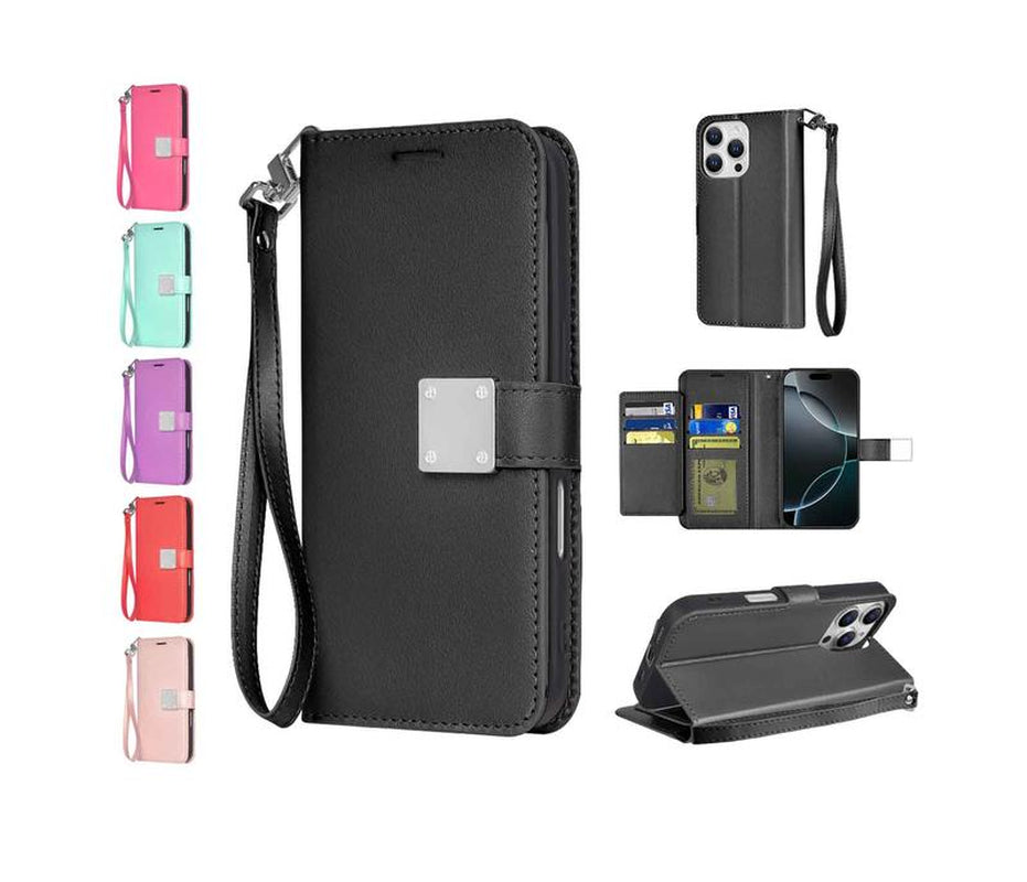 Happydeal Bi-Fold High Quality Synthetic Leather Wallet Credit Card Holder Stand Cover Case with Strap for Apple Iphone 16 Pro MAX