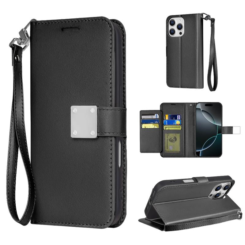 Happydeal Bi-Fold High Quality Synthetic Leather Wallet Credit Card Holder Stand Cover Case with Strap for Apple Iphone 16 Pro MAX