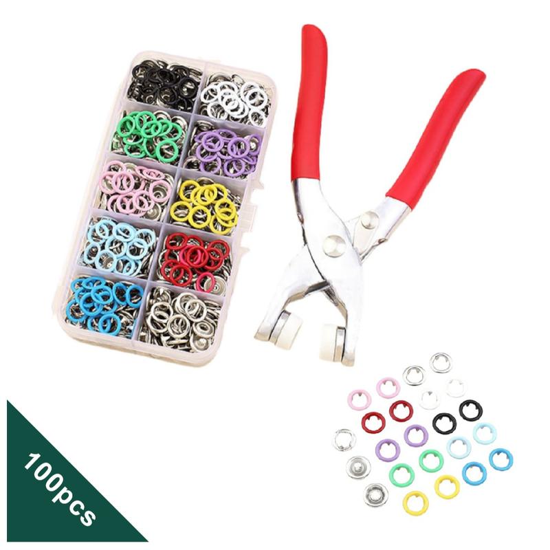 Including 100Pcs Invisible Colored Metal Buckle & 1 Count Manual Pressure Pliers,Household Sewing Accessories for DIY Handicraft Clothing & Hat,Buttons & Pliers Tool Kit,Seamless Stitching Sewing Kit Tools,Sewing Supplies Crafts.