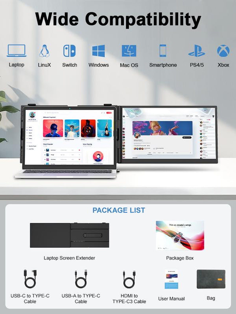 【Black Friday & Cyber Monday】Cevaton Ultra-Slim Laptop Screen Extender(Not a Computer), 14" FHD 1080P Portable Monitor for Laptop, 1.3Lbs Lightweight Dual Monitor Extender Plug & Play for 13"-17" Laptops, Compatible with Wins/Mac/Android/Chrome