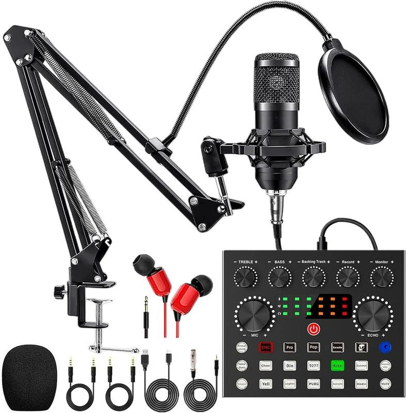 Safring Podcast Equipment Bundle with BM800 Mic DJ Mixer Effects & Voice Changer, Live Sound Card Audio Mixer, Condenser Usb Microphone Recording Studio Package for Live Streaming/Gaming/Podcast/Recording/Vocal/Game Voice/Youtube Desk Clamp