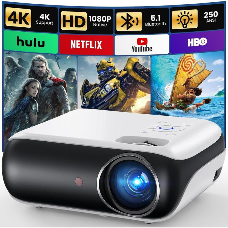 Native 1080P Bluetooth Projector, Full HD Portable Movie Projector Built-In Speaker, Compatible Smartphone, HDMI, USB, AV, Fire Stick, PS5 for Home, Bedroom, Use Outdoor With