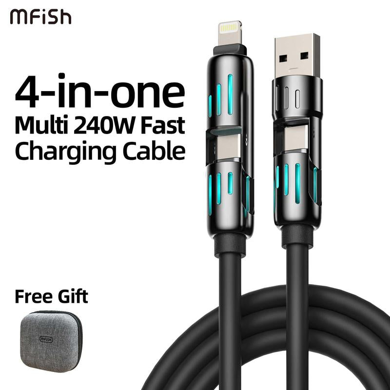 Mfish Armored Dragon I 4-In-1 Multi 240W Fast Charging Cable with USB a Type C Lightning for Iphone17&Samsung Laptops Charger