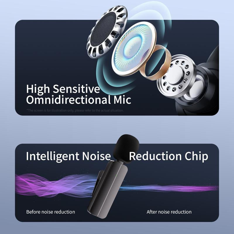 Wireless Mini Microphone for Iphone - 2 Pack Lavalier Bluetooth Microphone for Video Recording, 2 in 1 Noise Reduction Lapel Mic for Ipad, Android, Clip-On Mini Mic for Tiktok Youtube Vlog Podcast Adapter Audio