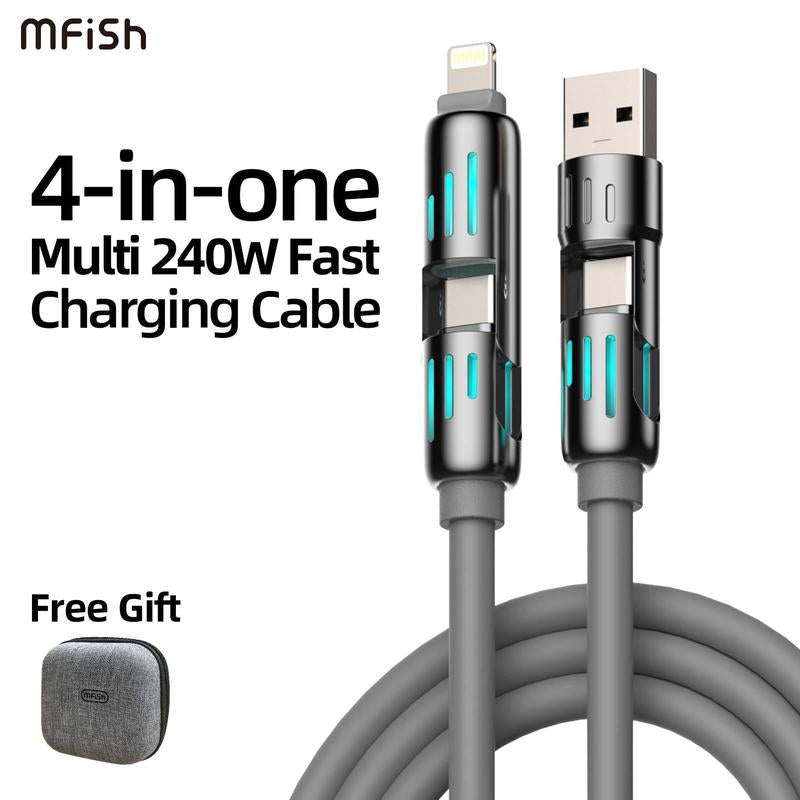 Mfish Armored Dragon I 4-In-1 Multi 240W Fast Charging Cable with USB a Type C Lightning for Iphone17&Samsung Laptops Charger