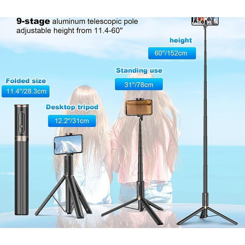60" Cell Phone Selfie Stick Tripod,Smartphone Tripod Stand with Integrated Remote,Portable,Lightweight,Tall Extendable Phone Tripod for Phone
