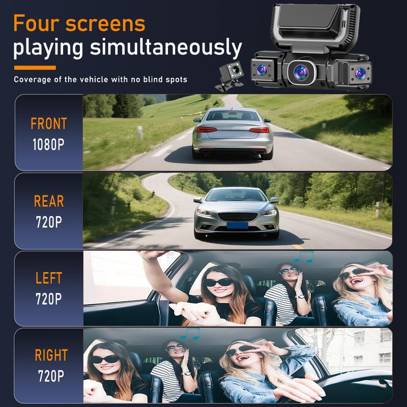 BCUOZ 360 Degree View 4 Channel Dash Cam Front and Rear inside Left Right, Dash Camera for Cars, Built-In GPS Wifi Night Vision, 24/7 Recording Parking Mode Monitor, Free 64G Card