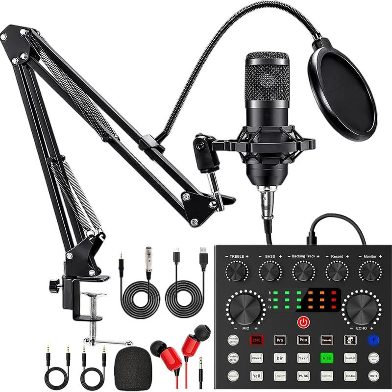 Safring Podcast Equipment Bundle with BM800 Mic DJ Mixer Effects & Voice Changer, Live Sound Card Audio Mixer, Condenser Usb Microphone Recording Studio Package for Live Streaming/Gaming/Podcast/Recording/Vocal/Game Voice/Youtube Desk Clamp