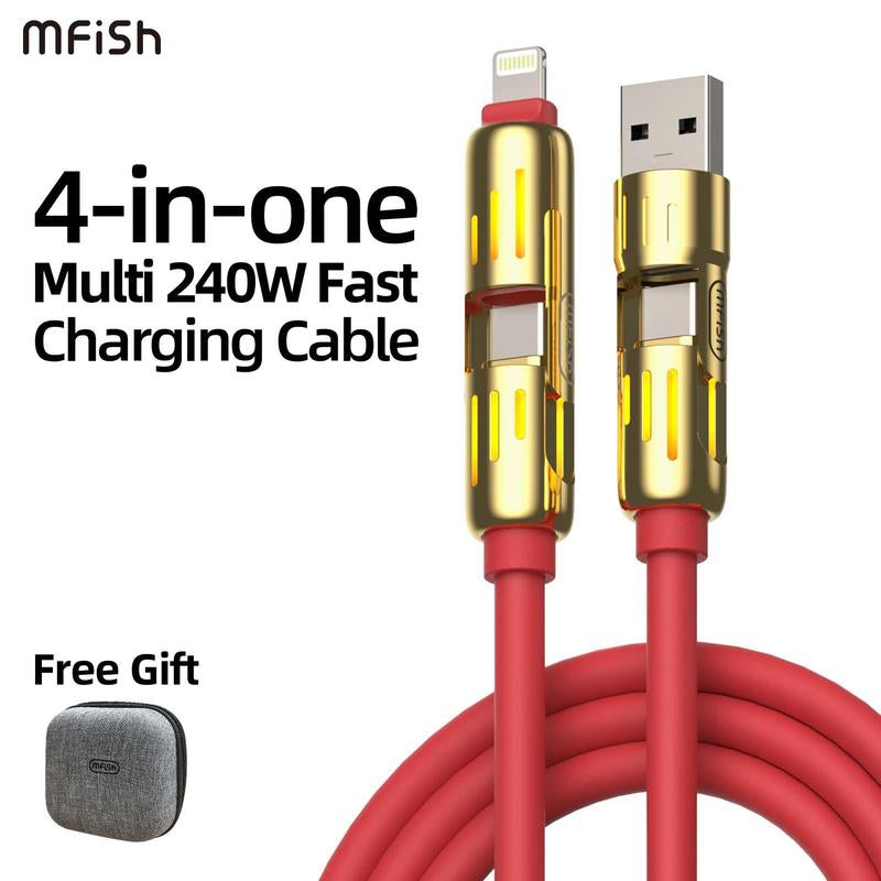 Mfish Armored Dragon I 4-In-1 Multi 240W Fast Charging Cable with USB a Type C Lightning for Iphone17&Samsung Laptops Charger