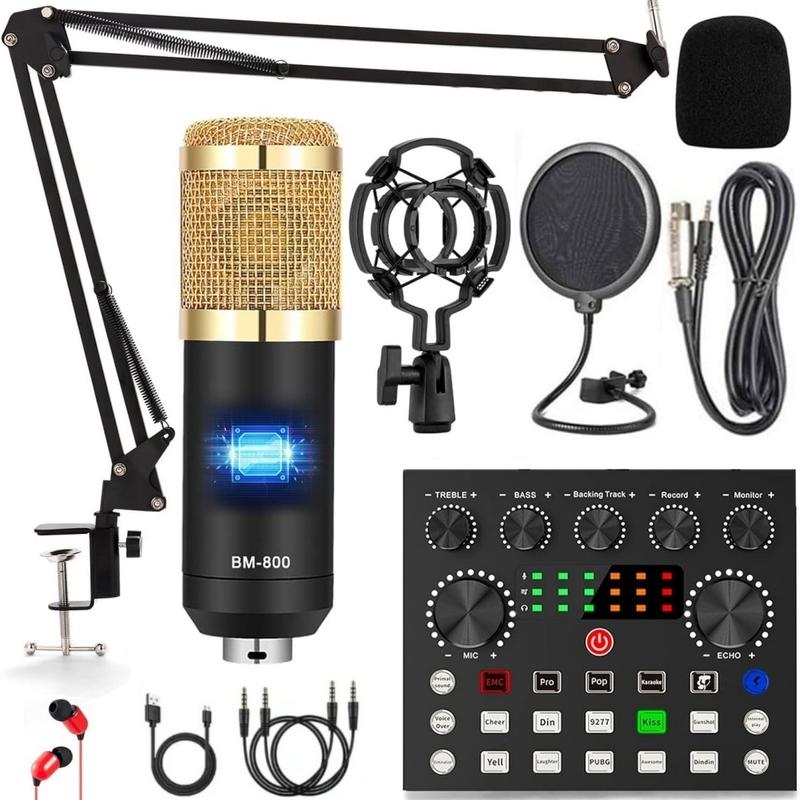 Safring Podcast Equipment Bundle, BM800 Podcast Usb Rechargeable Microphone Bundle with V8S Voice Changer, Condenser Microphone Recording Studio Package for Podcasting Live Streaming Singing PC Mobile Tiktok Youtube Dynamic Mic Sound Card Desk Clamp